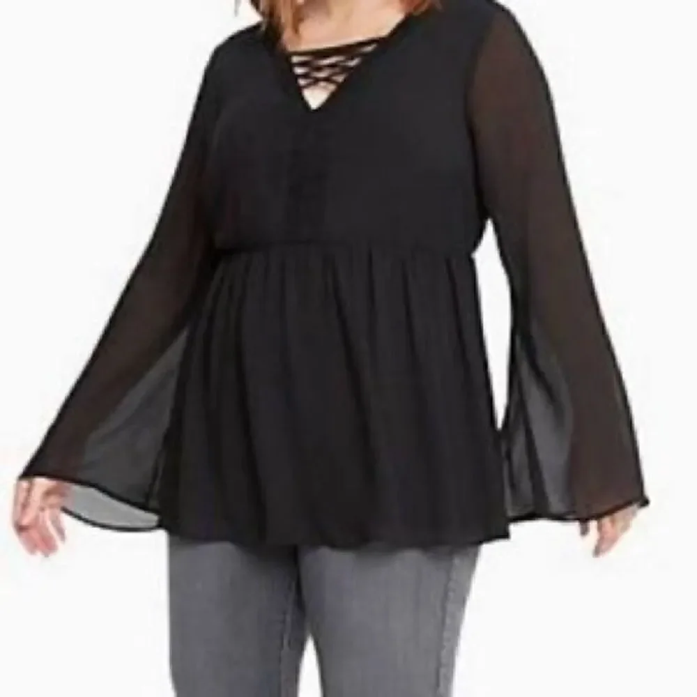 TORRID Black Lace Inset Bell Sleeve Babydoll Sheet Chiffon Top Size 0